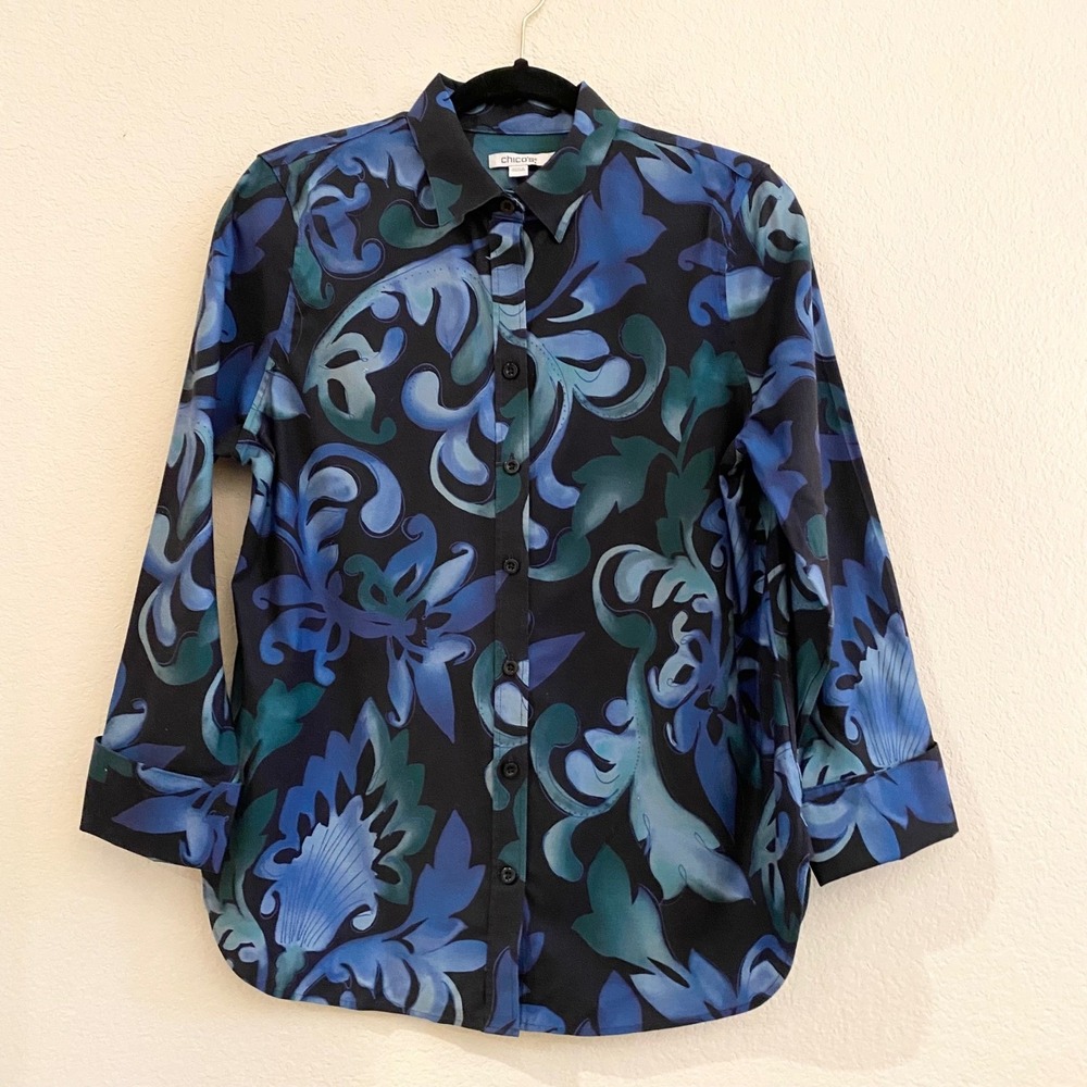 Chicos Womens Button Down Shirt Black Blue Floral Print Long Sleeve Size 05 6
